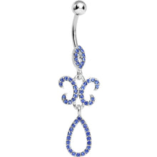 Load image into Gallery viewer, Sapphire Blue Gem Crystalline Fleur di Lis Teardrop Double Dangle Belly Ring