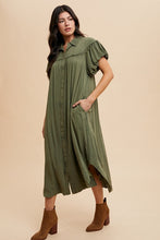 Load image into Gallery viewer, Mineral Washed Button Down Puff Sleeve Shirt Dress For Women β Fluttering, Fashionable Button Down Dress with Puff Sleeves, Mineral Wash for an Effortlessly Chic Look