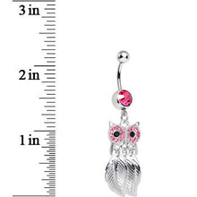 Load image into Gallery viewer, Clear Gem Pink Majestic Owl Leaves Dangle Belly Ring