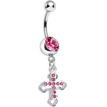 将图片加载到图库查看器,Pink Gem Hollow Cross Charm Double Dangle Belly Ring