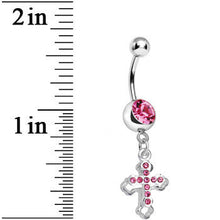 将图片加载到图库查看器,Pink Gem Hollow Cross Charm Double Dangle Belly Ring