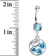 Load image into Gallery viewer, Aqua CZ Triple Rose Flower Hoop Charm Dangle Belly Ring