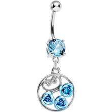 Load image into Gallery viewer, Aqua CZ Triple Rose Flower Hoop Charm Dangle Belly Ring