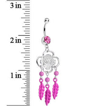 将图片加载到图库查看器,Pink Gem and Feathers Flowered Dreamcatcher Dangle Belly Ring