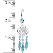 将图片加载到图库查看器,Aqua Gem and Feathers Flowered Dreamcatcher Dangle Belly Ring
