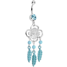 将图片加载到图库查看器,Aqua Gem and Feathers Flowered Dreamcatcher Dangle Belly Ring