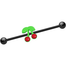 Load image into Gallery viewer, Black Anodized Titanium Luscious Green Red Cherries Industrial Barbell