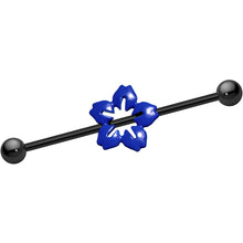Load image into Gallery viewer, Black Anodized Titanium Blue Hawaiian Flower Industrial Barbell