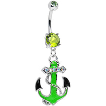 Load image into Gallery viewer, Green Aurora Gem Neon Black Tipped Anchor Dangle Belly Ring