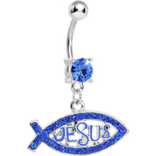 Load image into Gallery viewer, Blue Gem Paved Christian Jesus Fish Dangle Belly Ring
