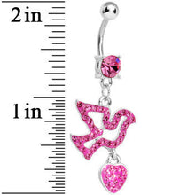 Load image into Gallery viewer, Pink Gem Paved Dove and Heart Dangle Belly Ring