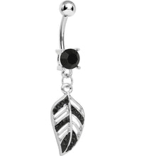 Load image into Gallery viewer, Black Gem Paved Floating Leaf Dangle Belly Ring