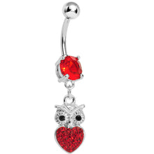 Load image into Gallery viewer, Red Gem and Paved Heart For the Love of Owls Dangle Belly Ring