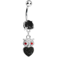 Load image into Gallery viewer, Black Gem and Paved Heart For the Love of Owls Dangle Belly Ring