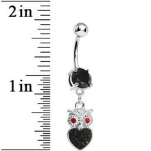 Load image into Gallery viewer, Black Gem and Paved Heart For the Love of Owls Dangle Belly Ring