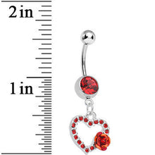 Load image into Gallery viewer, Red Gem Paved Hollow Heart with Sweet Rose Flower Dangle Belly Ring