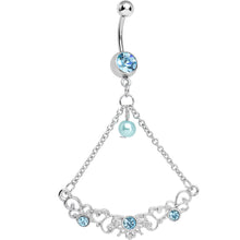 Load image into Gallery viewer, Aqua Gem Faux Pearl Fanciful Scrolls Chandelier Belly Ring