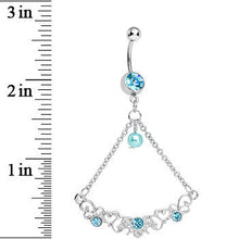 Load image into Gallery viewer, Aqua Gem Faux Pearl Fanciful Scrolls Chandelier Belly Ring