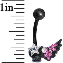 将图片加载到图库查看器,Pink Gem Rock Star Shimmering Wing Black Skull Belly Ring