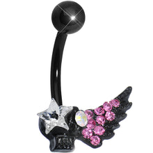 将图片加载到图库查看器,Pink Gem Rock Star Shimmering Wing Black Skull Belly Ring