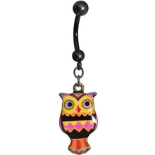 将图片加载到图库查看器,Pink and Yellow Patchwork Artistic Owl Dangle Belly Ring