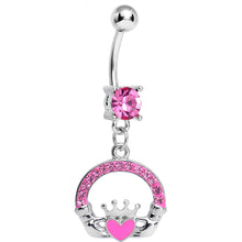 Load image into Gallery viewer, Pink Gem Pink Heart Irish Claddagh Dangle Belly Ring