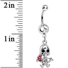 Load image into Gallery viewer, Clear Gem Death in Bloom Skull and Rose Flower Dangle Belly Ring