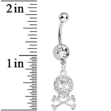 Load image into Gallery viewer, Crystalline Gem Glam Skull and Crossbones Dangle Belly Ring