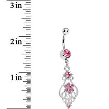 Load image into Gallery viewer, Pink Gem Ensnared in Roots Flower Dangle Belly Ring