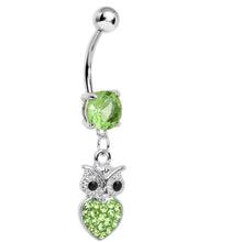 将图片加载到图库查看器,Light Green Gem and Paved Heart For the Love of Owls Dangle Belly Ring