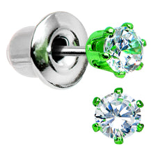 Load image into Gallery viewer, 3mm Neon Green Round Clear CZ Stud Earrings
