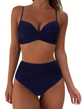 Load image into Gallery viewer, Tropical Vibe High Waist Bikini Set – Flirty V-Neck Swimsuit with Layered Colorblock High Cut Bottom Crisscross Strap Detail & Ultra-Stretch Comfort – Women's Two Piece Swimwear for Summer Beach Pool & Vacation Fun