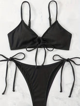 将图片加载到图库查看器,Bikini Solid Rib Knit 2 Piece Swimsuit – Ring Link Tie Front Triangle Bikini Set for Women – Hollow Out High Stretch V-Neck Top with Tie Side Bottoms – Trendy Beach & Pool Swimwear for Summer