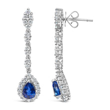 Load image into Gallery viewer, 18K White Gold 1 3/5 Cttw Diamond and 7X5 MM Pear Shaped Blue Sapphire 1 1/3 Inch Drop and Dangle Halo Earrings (G-H Color, VS1-VS2 Clarity)