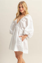 Load image into Gallery viewer, New Plunge Balloon Sleeve Poplin Mini Dress with Pockets For Summer Bold, Elegant, Sexy, Trendy, and Practical with Dramatic Balloon Sleeves and Plunging Neckline for a Fashion-Forward Look