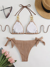 Load image into Gallery viewer, Bikini Ruched Texture Golden Chain 2 Piece Triangle Swimsuit for Women – Striped Halter Bikini Set with Bow Tie Side and Elegant Ring Link Detail – Stretchy Beachwear for Pool Bathing and Summer Vacations