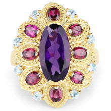 Load image into Gallery viewer, 14K Yellow Gold Plated 6.80 Carat Genuine Amethyst, Rhodolite & Blue Topaz .925 Sterling Silver Ring