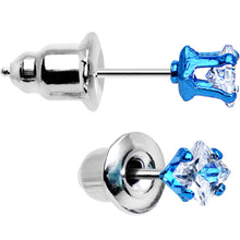 Load image into Gallery viewer, 3mm Neon Blue Square Clear CZ Stud Earrings