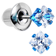 Load image into Gallery viewer, 3mm Neon Blue Square Clear CZ Stud Earrings