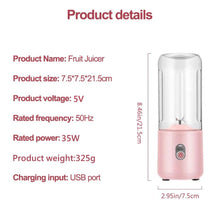 Load image into Gallery viewer, 500Ml Portable Blender 6 Blades Usb Rechargeable Fresh Fruit Juice Mixer Electric Shake Cup Cute Blender Smoothie Ice Crush Cup Electric Juicer Machines Stainless Steel Blade for Smoothies Lemon Orange Lime Fruit USB Rechargeable Mixer