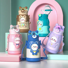 将图片加载到图库查看器,500ml Stainless Steel Thermal Water Bottle for Children Cute Cartoon Thermos Mug with Straw Leak-Proof Insulated Cup Drinkware Water Bottle for Girls Cute Water Bottles with Straw Portable Leakproof Bear Water Bottle with Adjustable Strap
