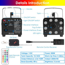 Load image into Gallery viewer, 500W Fog Machine 2000CFM Colorful Smoke Machine with 8-Pieces LEDs 5 Lighting Effects 3-Level Brightness