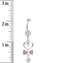 将图片加载到图库查看器,Clear CZ Drop Pink Gem Bow Half Paved Heart Dangle Belly Ring