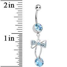 Load image into Gallery viewer, Aqua Cubic Zirconia Drop Sweetness Wrapped in a Bow Dangle Belly Ring