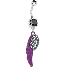 Load image into Gallery viewer, Black Paved Gem On the Purple Wing of an Angel Dangle Belly Ring