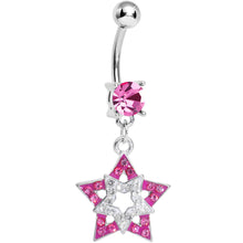 Load image into Gallery viewer, Pink Clear Gem Paved Star Within a Star Dangle Belly Ring