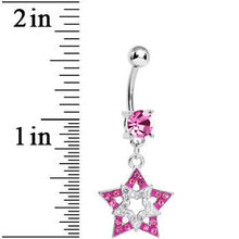 Load image into Gallery viewer, Pink Clear Gem Paved Star Within a Star Dangle Belly Ring