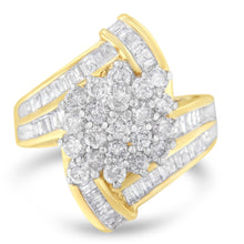Load image into Gallery viewer, 10K Yellow Gold Round and Baguette Diamond Crossover Cluster Ring (3 Cttw, I-J Color, I1-I2 Clarity) - Size 7-1/2