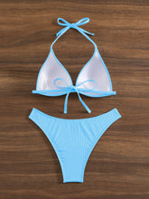 将图片加载到图库查看器,Bikini Rib Knit Solid Color Triangle 2 Piece Swimsuit for Women – Adjustable Tie Back Halter Bikini Set with Spaghetti Straps – High Stretch Polyester Swimwear for Summer Beachwear Poolside Relaxation and Tropical Vacation