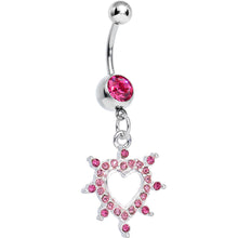 将图片加载到图库查看器,Pink Gem Bursting in Love Paved Heart Dangle Belly Ring